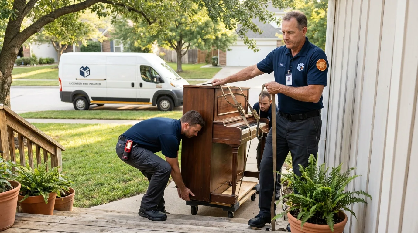 Licensed piano movers securing grand piano in Spring Arbor, MI
