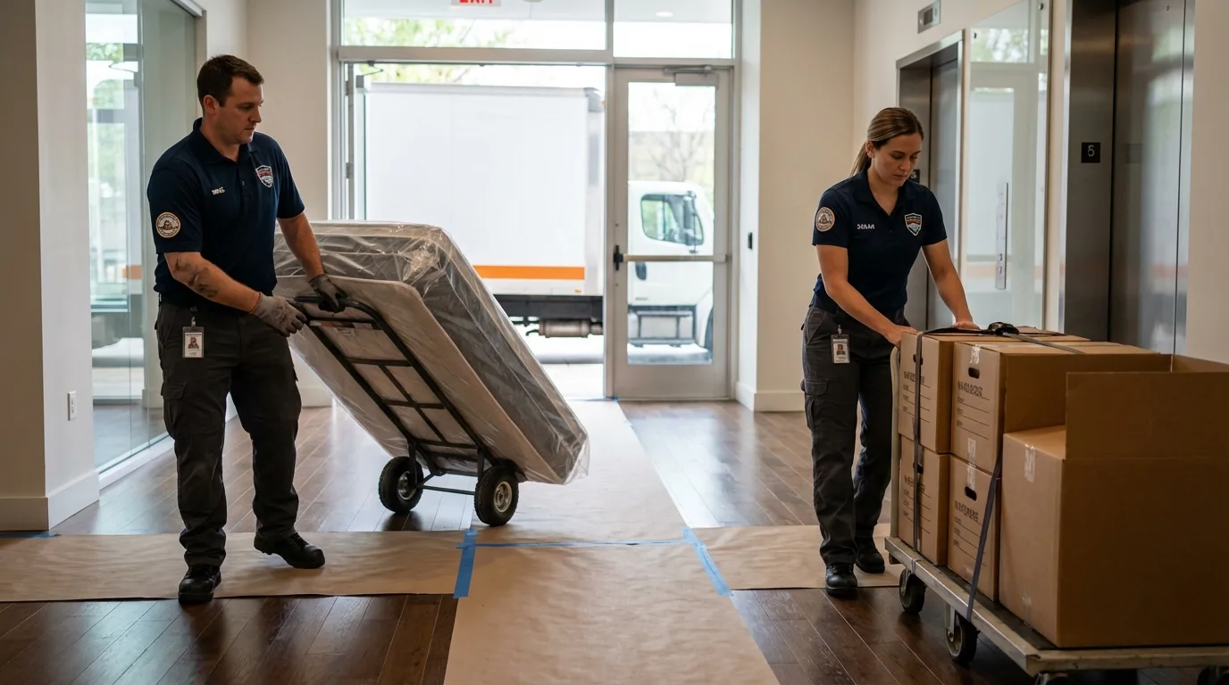 Professional apartment movers loading elevator in Spring Arbor, MI